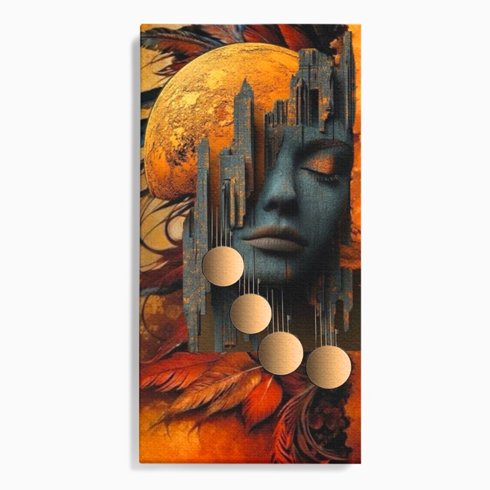 Tablou canvas cu tablou canvas cu chip de femeie si oras stilizat, fara rama, pe sasiu de lemn